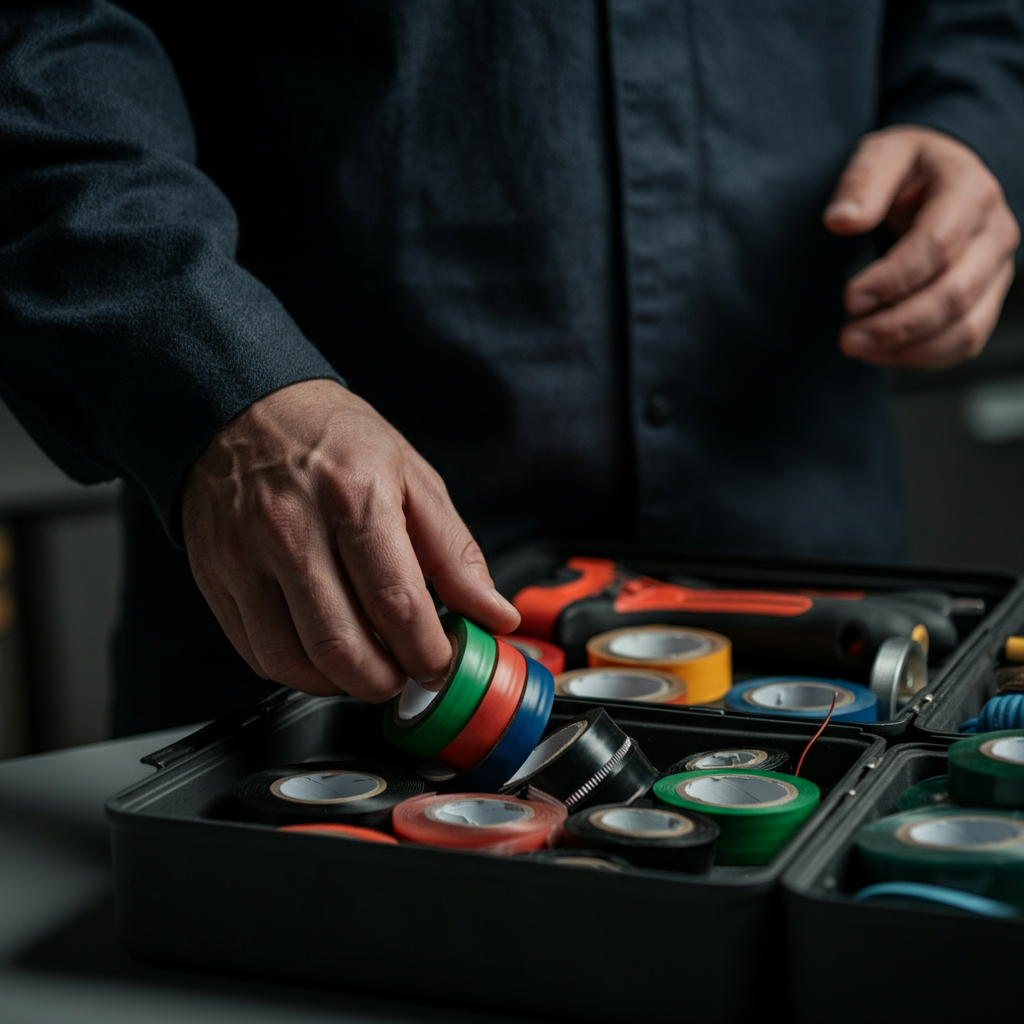 Close-up of a hand selecting various colored electrical tapes from a well-organized toolbox, soft focus on the background tools.