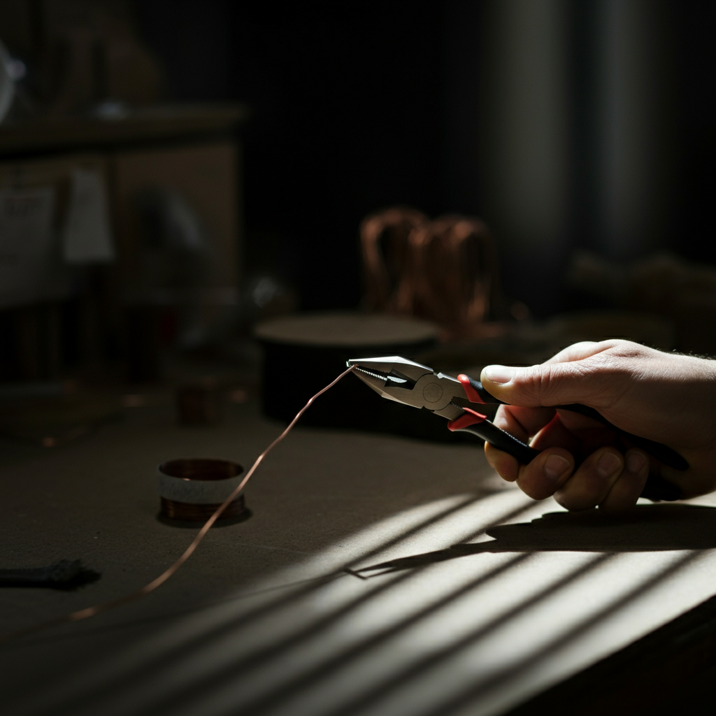 Person using pliers to gently straighten a length of copper wire on a clean workbench, side-lit to emphasize the texture of the wire.