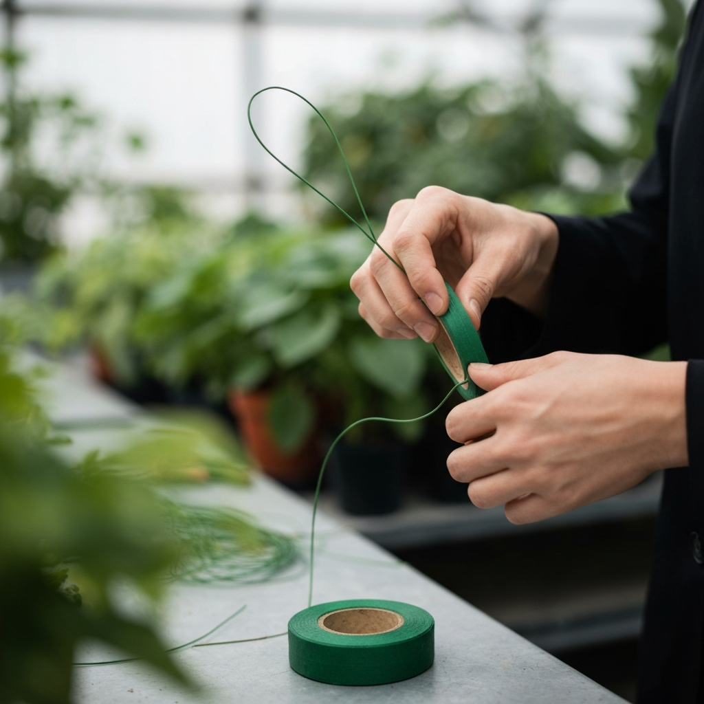 A person's hands carefully wrapping wire with green floral tape in a greenhouse setting, with soft bokeh of plants in the background.