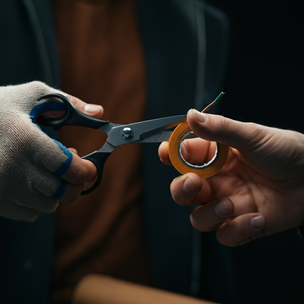 Close-up of scissors trimming the excess end of electrical tape on a wire, emphasizing the clean cut and finished wrap.
