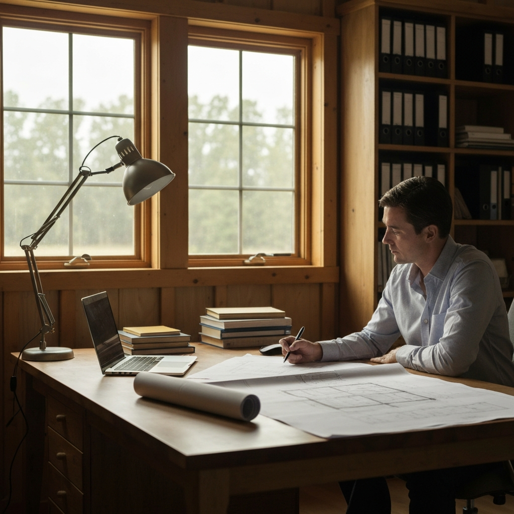A well-lit, organized home office in a barndominium. Soft daylight streams through a large window onto a wooden desk with a laptop and architectural plans spread out. A person is seated, thoughtfully reviewing the plans with a pen in hand.