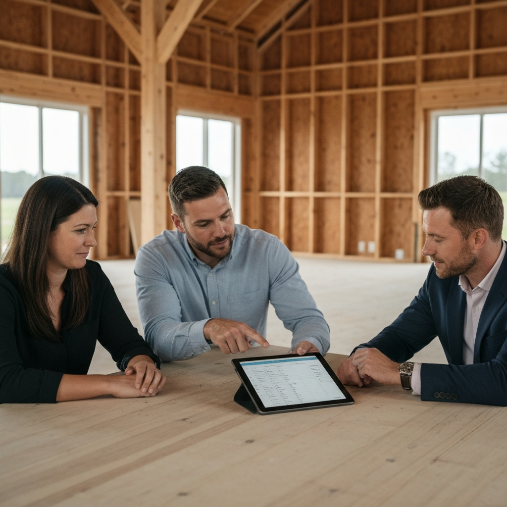 A meeting between a homeowner and a contractor in a barndominium under construction. They are reviewing a budget spreadsheet on a tablet, with the contractor pointing to a line item.