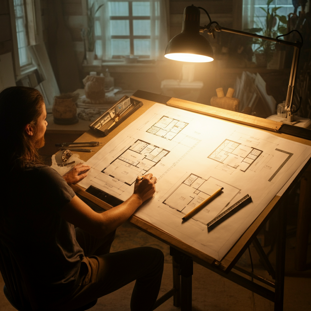 Overhead shot of a barndominium floor plan spread out on a large drafting table. Various tools and drawing instruments surround the plans. Natural light floods the room, highlighting the details of the design.