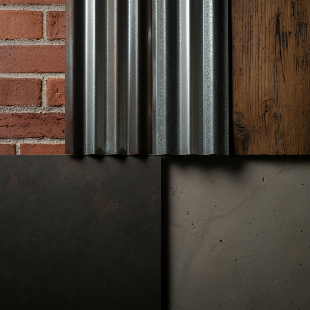 Close-up shot of different material samples: metal siding, reclaimed wood, concrete flooring, and exposed brick. The lighting is soft and diffused, highlighting the textures and colors of each material.