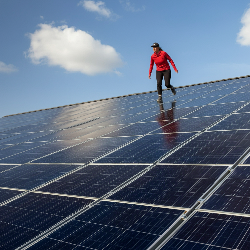 A close-up of solar panels installed on a barndominium roof. The panels are sleek and modern, reflecting the sunlight. The sky is blue with a few fluffy clouds.