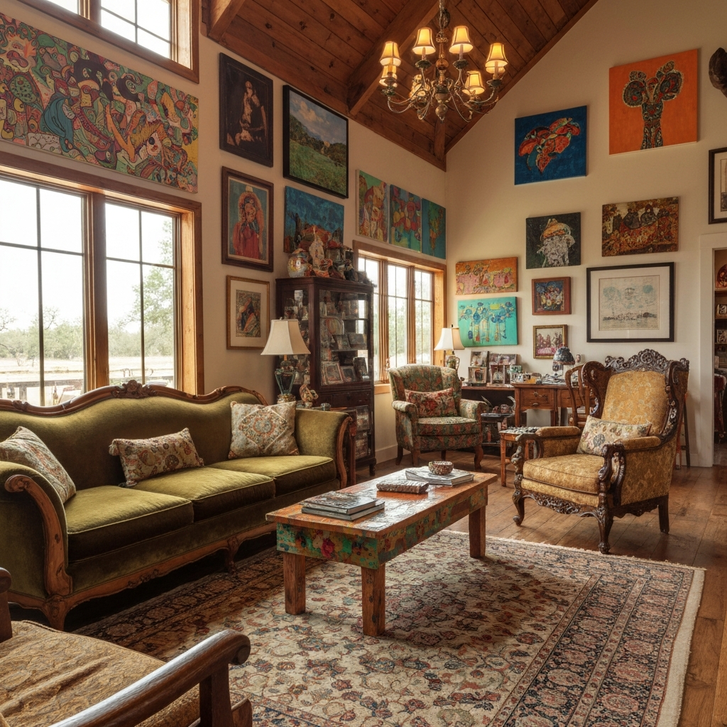 A barndominium living room with eclectic furniture, colorful artwork, and personal mementos on display. The room is warm and inviting, reflecting the personality of the homeowner.