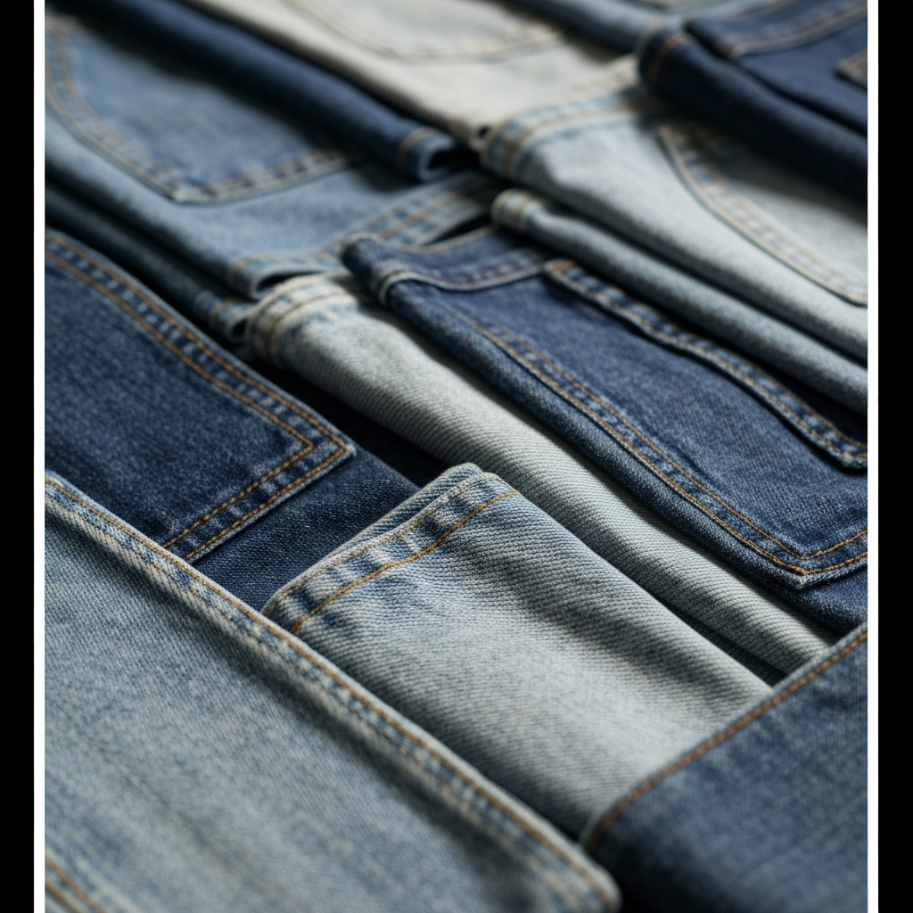 Close-up shot of various denim textures and washes. Soft focus background.