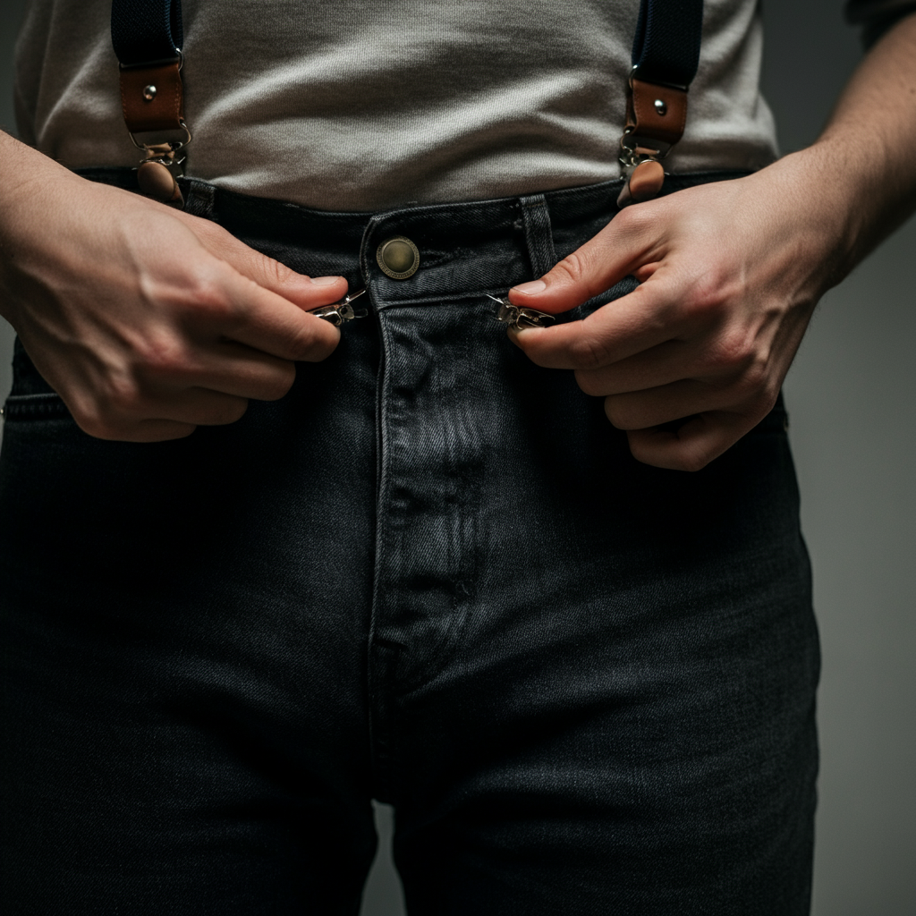 A person's hands attaching clip-on suspenders to the waistband of dark wash jeans. Warm, diffused lighting.