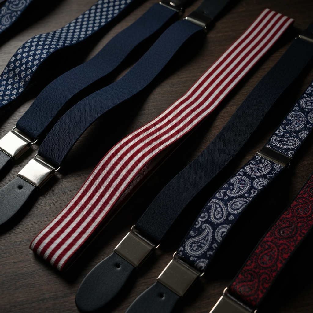 Close-up of various suspender patterns and colors, including solid navy, striped red and white, and paisley. Flat lay on a dark wooden surface, with soft shadows.