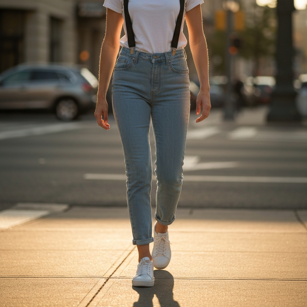 A woman walking down a city street in golden hour lighting, wearing light wash jeans, a white t-shirt, black clip-on suspenders, and white sneakers. The background is slightly blurred, focusing on her confident stride.