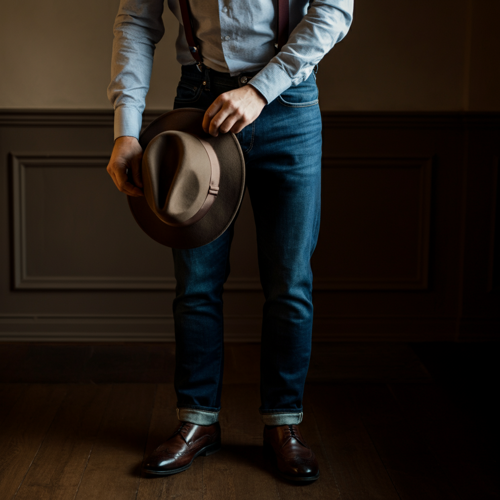 Detail shot of a man's hands adjusting a fedora hat, with the blurred background showing his jeans, suspenders, and leather shoes. Warm, inviting light.