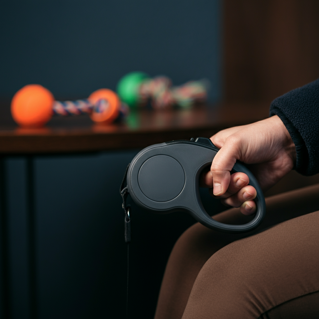 Close-up of a person's hand holding a retractable leash handle, showcasing the lock/release button mechanism with a soft-focus background of dog toys.