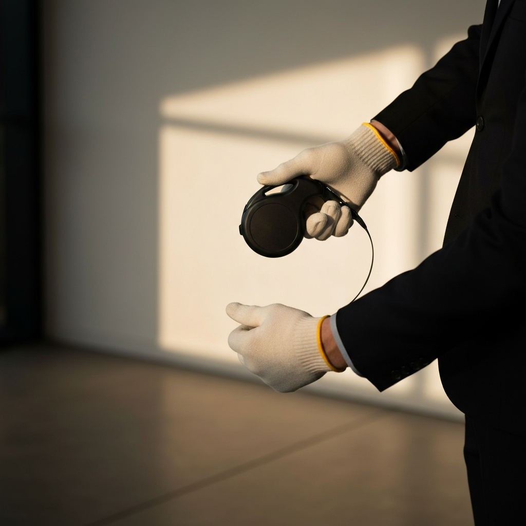 A person wearing gloves, side-lit by warm indoor light, demonstrating how to firmly press the lock button on a black retractable leash.
