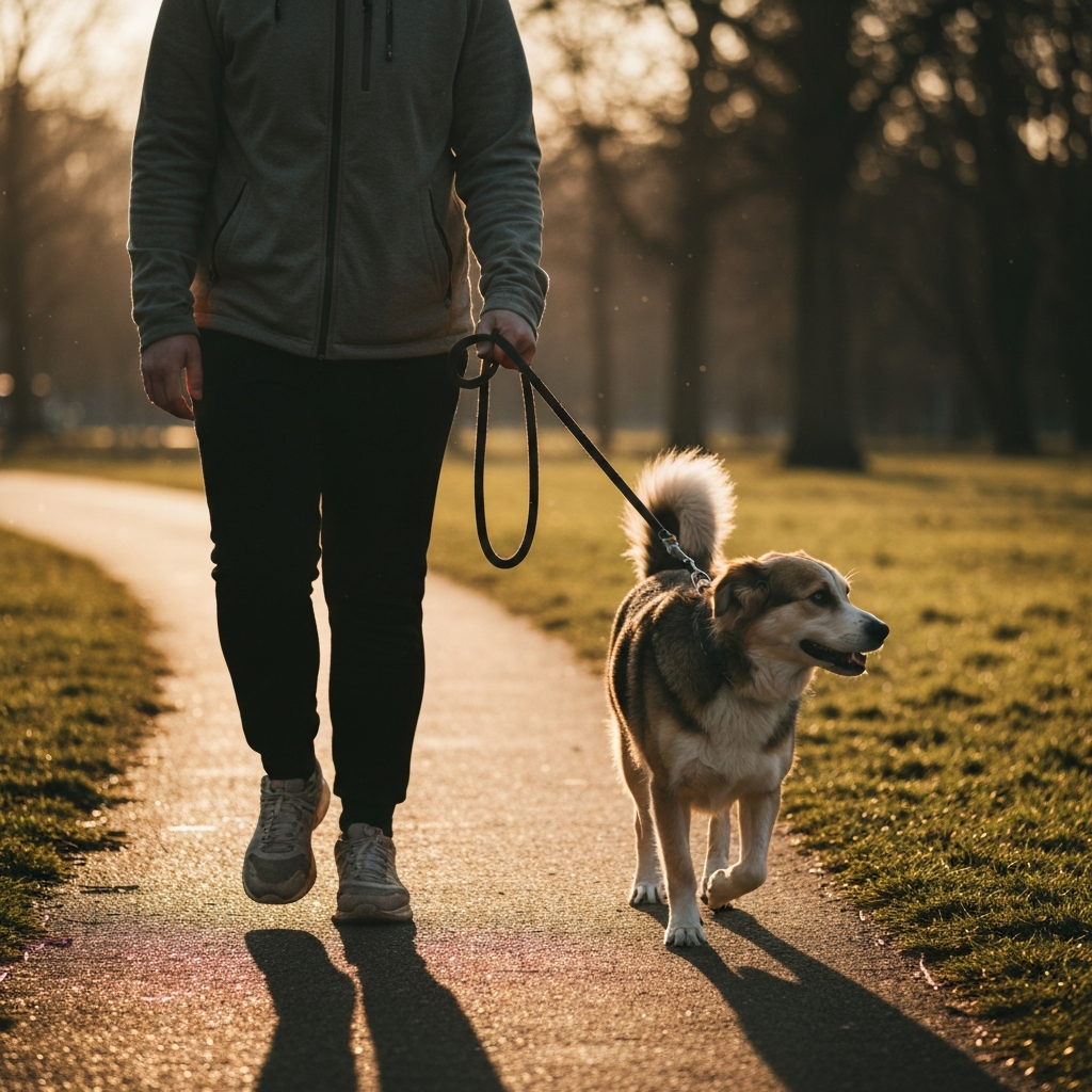 A dog owner, wearing a casual jacket, walking their medium-sized dog on a park path under dappled sunlight, focusing on the loose lead and the surrounding open space.