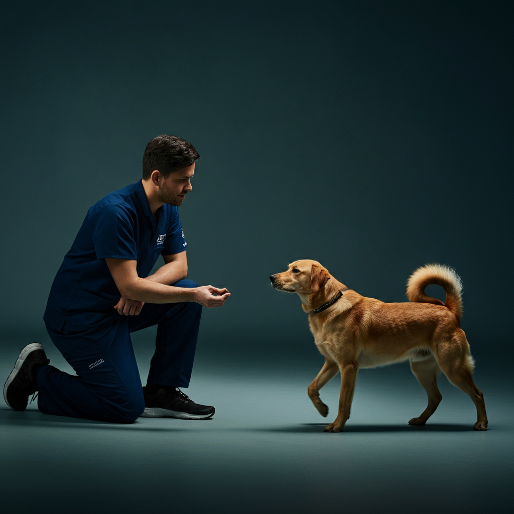 A dog trainer in a brightly lit training room, kneeling down and offering a treat to a dog that is calmly walking on a loose leash next to them.
