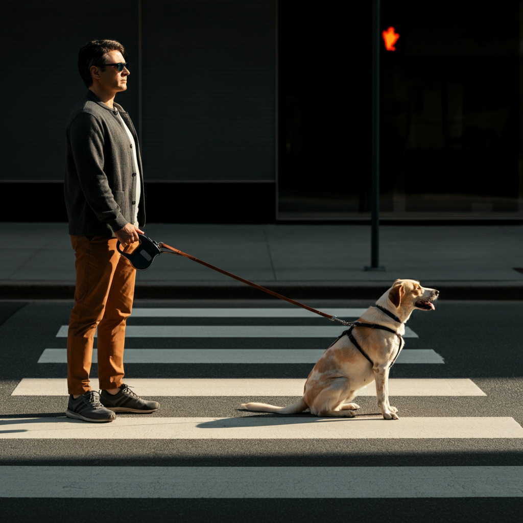 A dog walker, wearing sunglasses and comfortable walking shoes, looking attentively towards a crosswalk while holding a retractable leash attached to a dog sitting patiently.