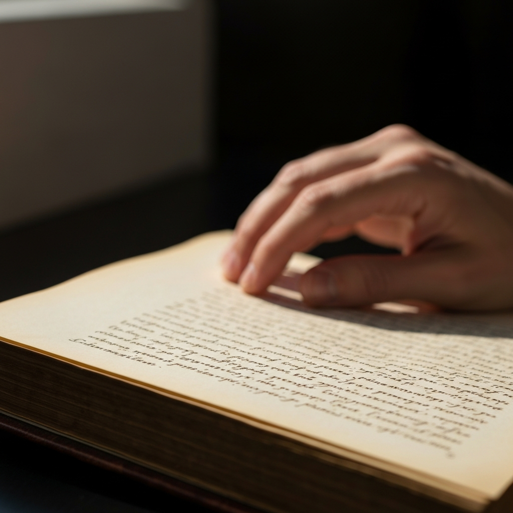 A close-up shot of a worn, leather-bound book open to a page filled with elegant Latin script. Soft, diffused sunlight illuminates the page, highlighting the intricate details of the handwriting.