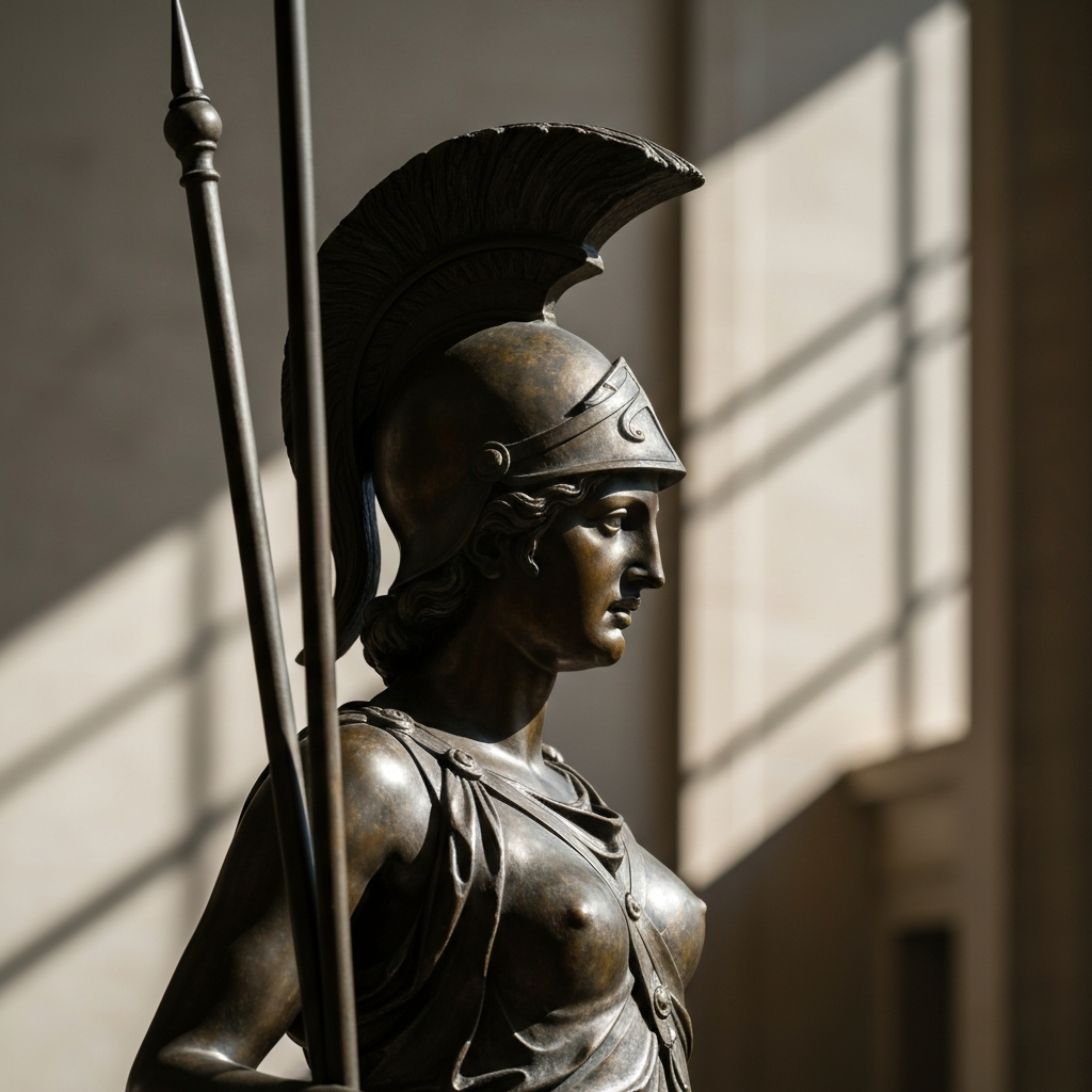 A side-lit bronze statue of Minerva stands in a museum. The light catches the details of her helmet and spear, creating strong shadows and highlighting the texture of the metal. The background is slightly blurred.