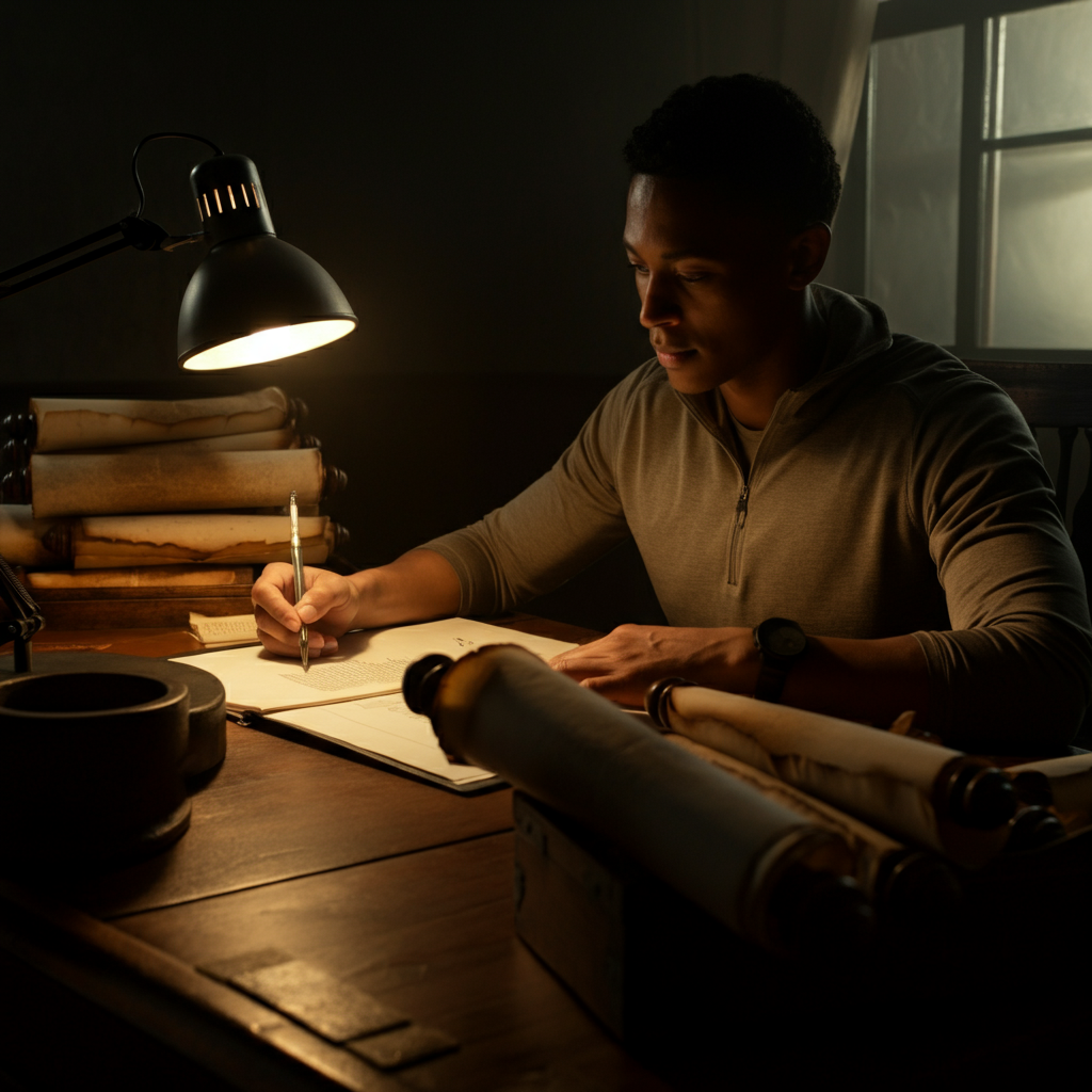 A researcher sits at a desk, surrounded by ancient scrolls and tablets. Soft golden hour lighting streams through a window, illuminating the dust motes dancing in the air. The researcher's face is focused and intent as they examine a faded inscription.