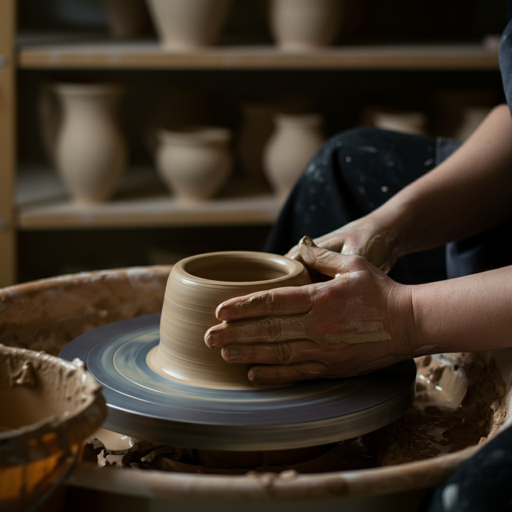 A potter's hands gently shape clay on a spinning wheel. The clay is illuminated by a soft, diffused light, highlighting its texture and form. In the background, finished pottery pieces sit on shelves.