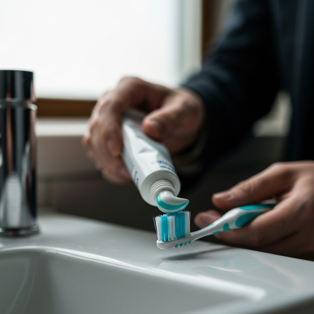 Close-up of a toothbrush and toothpaste on a bathroom sink with soft, natural lighting coming from a nearby window. Focus on the textures of the bristles and the sleekness of the tube. The background is subtly blurred.
