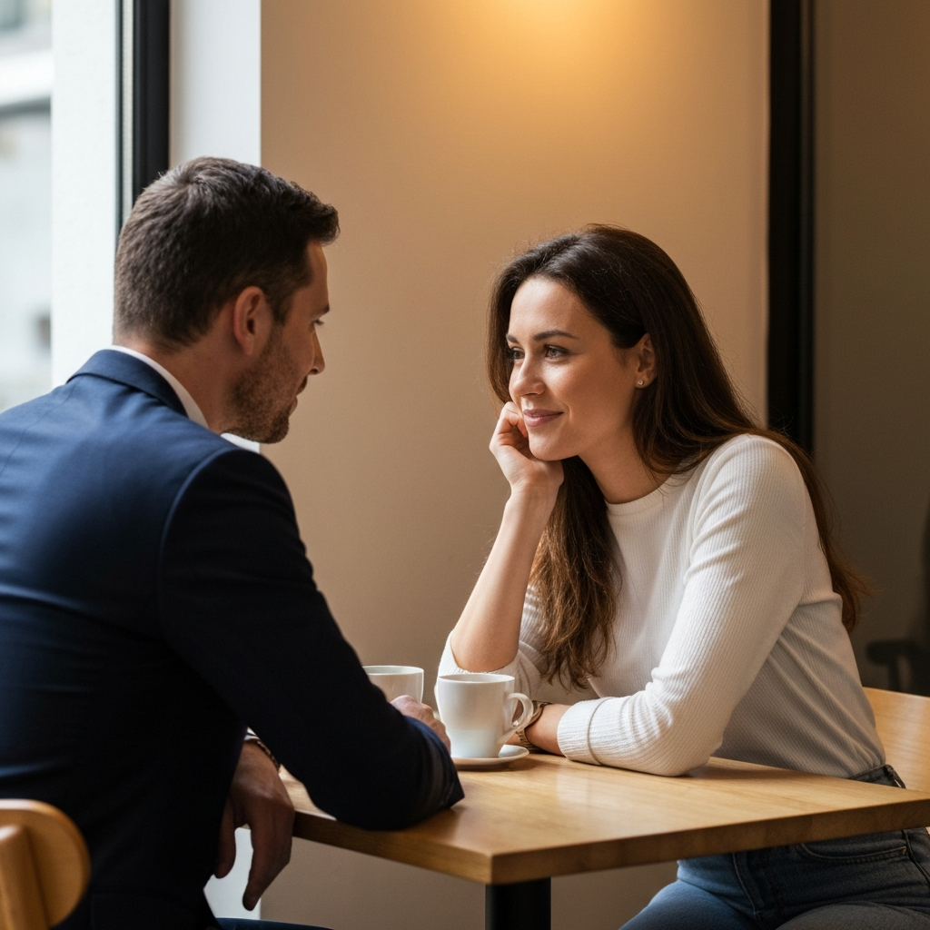 A couple sitting at a cafe table, engaged in conversation. The lighting is warm and inviting, creating a comfortable atmosphere. The woman is leaning slightly towards the man, maintaining eye contact with a soft smile. Her hand rests lightly on his arm.