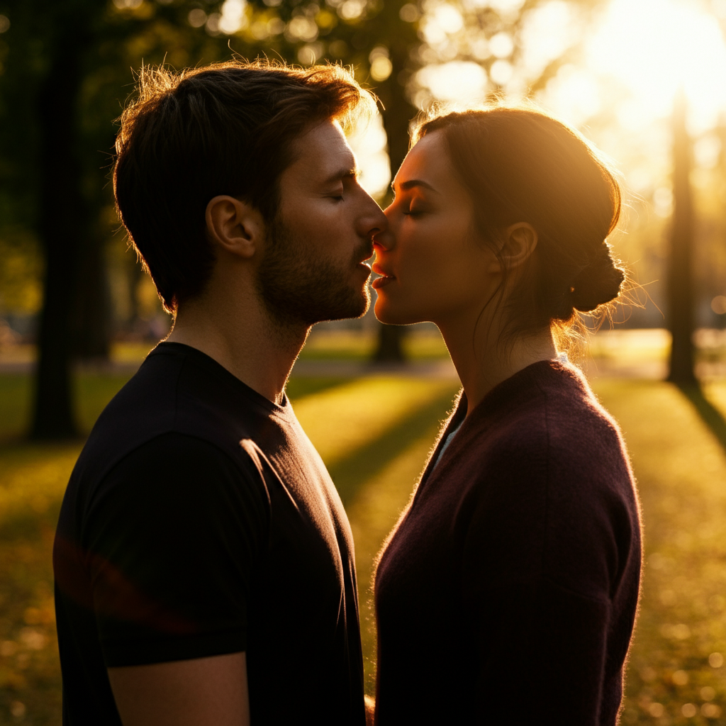 Side view of a couple standing in a park during golden hour. The soft, warm light illuminates their faces as they lean in for a kiss. Focus on the delicate touch of their lips and the gentle curve of their necks.