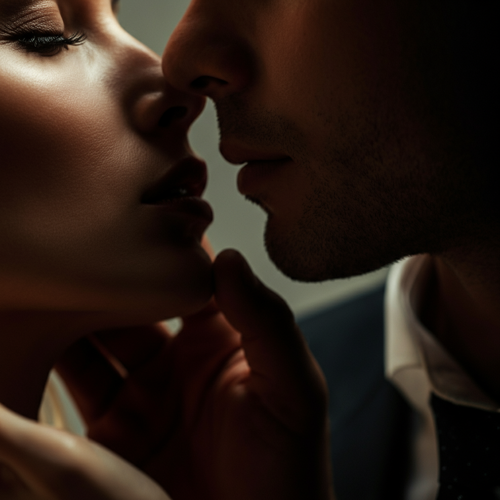 A close-up shot of a man's hand gently caressing the side of a woman's face during a kiss. Soft focus is used to create a romantic and intimate atmosphere. The textures of the skin and hair are subtly highlighted.