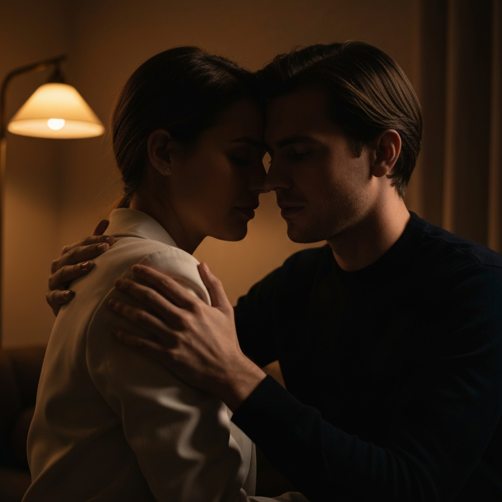 A couple embracing in a dimly lit, cozy room. The light from a nearby lamp casts soft shadows on their faces, highlighting the passion in their expressions. The man's hand is gently resting on the woman's back.