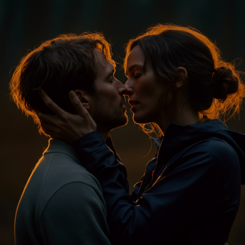 A couple sharing a kiss in a romantic, secluded location. The lighting is soft and diffused, creating a dreamlike quality. The expressions on their faces convey a sense of deep connection and emotional intimacy.