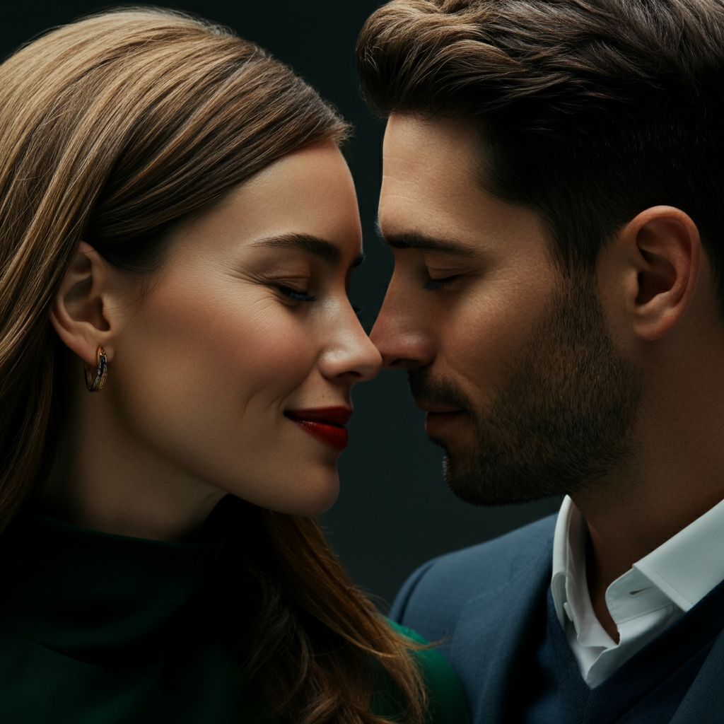A couple looking into each other's eyes after a kiss. The woman has a gentle smile on her face, and the man's expression is warm and affectionate. The background is slightly blurred to draw attention to their connection.
