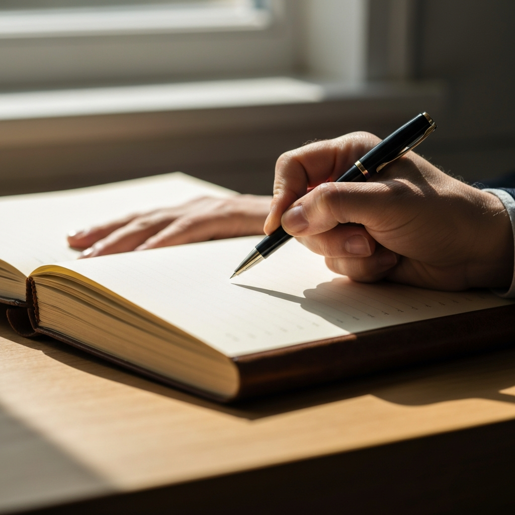 Close-up of a hand writing in a leather-bound journal with a pen. Soft, natural light coming from a nearby window highlights the texture of the paper and the aged leather.