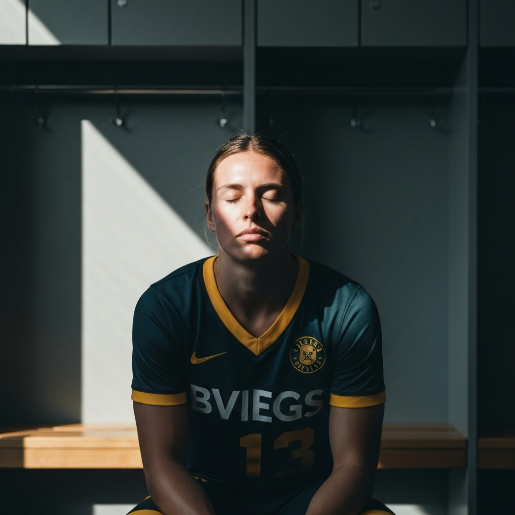 An athlete, eyes closed and wearing a team jersey, sitting on a bench in a dimly lit locker room. Soft, diffused light illuminates their face, conveying a sense of intense concentration.