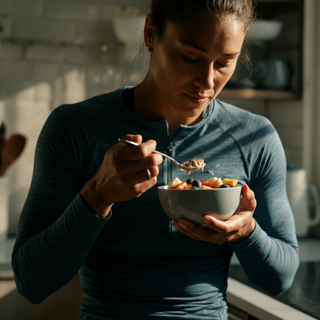 An athlete eating a bowl of oatmeal with fruit in a bright, modern kitchen. The golden light of the early morning streams through the window, highlighting the fresh ingredients.