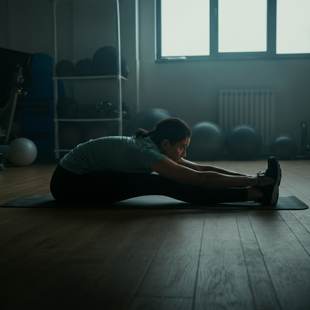 An athlete stretching their legs on a yoga mat in a well-lit gym. The room is clean and organized, with natural light filtering through the windows.