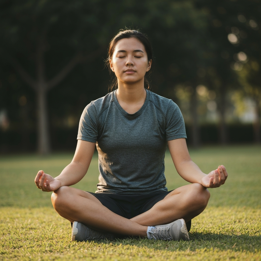 An athlete sitting cross-legged on the ground, eyes closed, with hands resting on their knees. The light is soft and peaceful, emphasizing the tranquility of the moment.