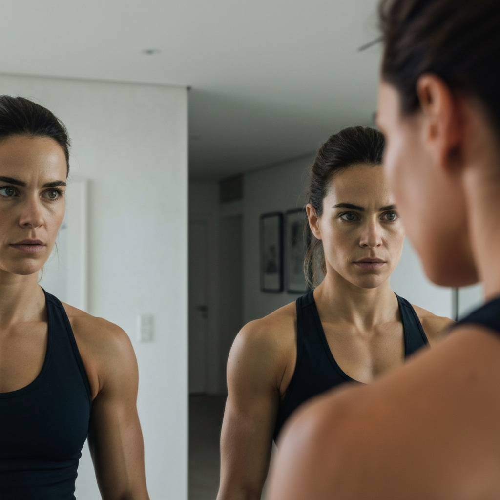 An athlete looking in a mirror, a determined expression on their face. The lighting is bright and focused, highlighting their strong features.