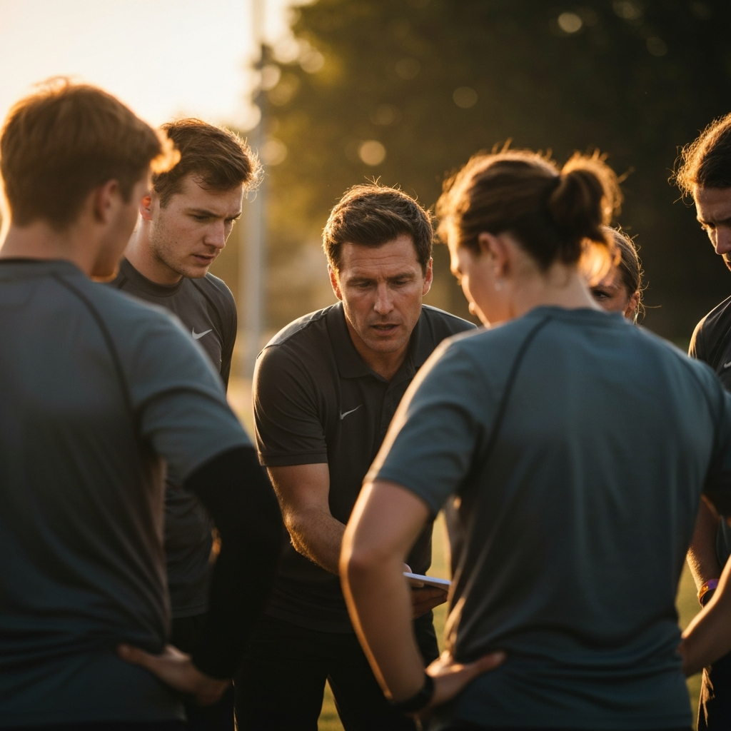 A team of athletes huddled together, listening intently to their coach's instructions. The lighting is warm and encouraging, emphasizing the camaraderie and teamwork.