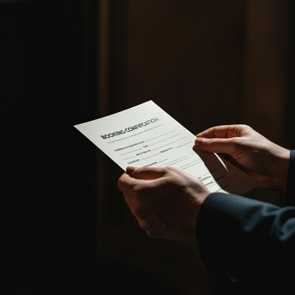 A close-up shot of a person's hands holding a booking confirmation document, illuminated by soft overhead lighting. Focus on the texture of the paper and the crispness of the printed text. Slight bokeh in the background.