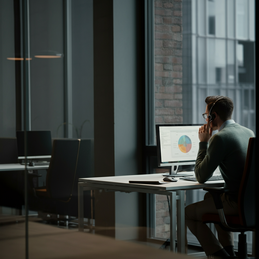 A person sitting at a desk, wearing a business casual outfit, talking on a headset while looking at a computer screen. Natural light streams in from a nearby window, casting a soft glow on their face. Focus on the professionalism of the setting and the person's attentiveness.