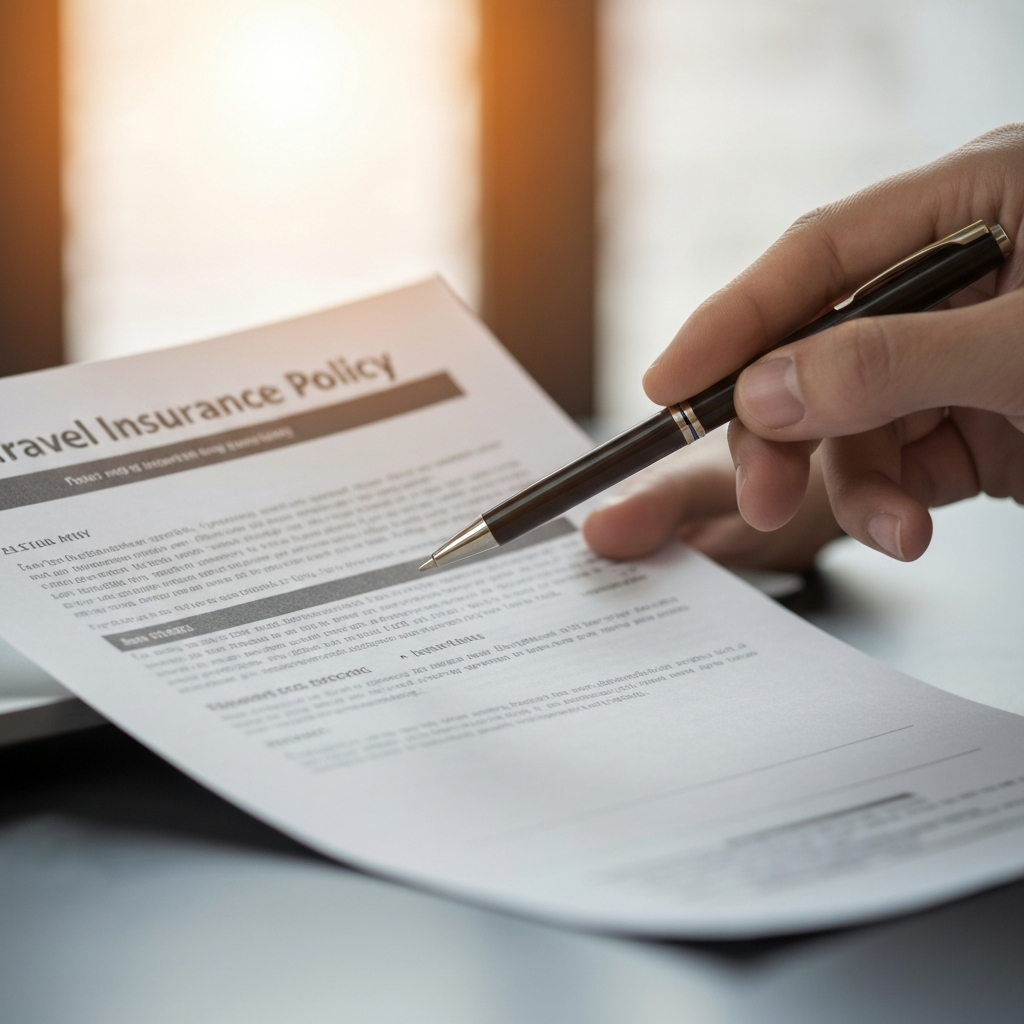 A hand holding a travel insurance policy document, with a pen pointing to a specific section. Soft focus on the background. Warm, diffused light to convey reassurance.
