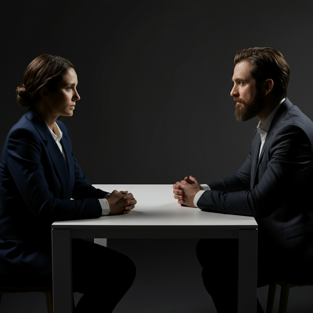 Two people sitting across a table, engaged in a professional and calm conversation. The table is clean and minimalist. Soft, ambient lighting. Focus on the eye contact and body language suggesting mutual understanding.