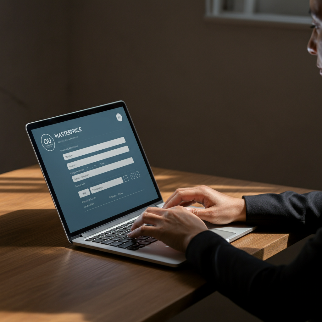 A person using a laptop to fill out an online complaint form. Focus on the screen and the keyboard. Natural daylight coming in from a window. The person looks determined and focused.