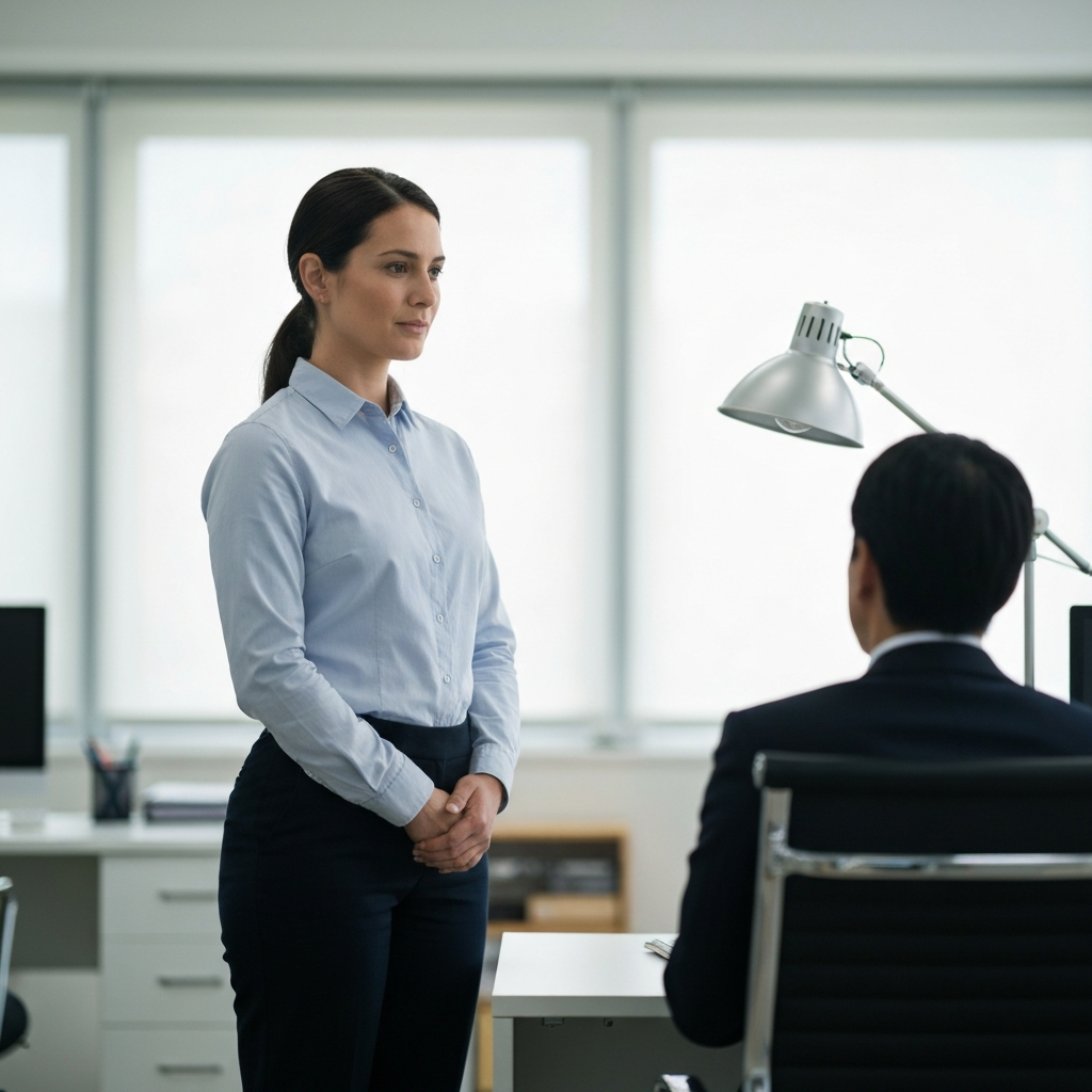 A brightly lit office. An employee stands calmly, hands clasped lightly in front, facing a seated figure at a desk. Soft bokeh blurs the background, suggesting a private conversation. The light is diffused and even, emphasizing the professional setting and calm body language.