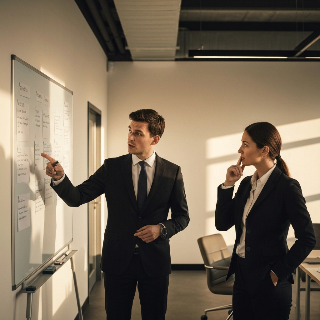 Two professionals in a modern office. One gestures toward a whiteboard filled with notes, while the other listens attentively, nodding slightly. The room is bathed in warm, golden-hour light, highlighting the textures of the whiteboard and the subtle details of their professional attire.
