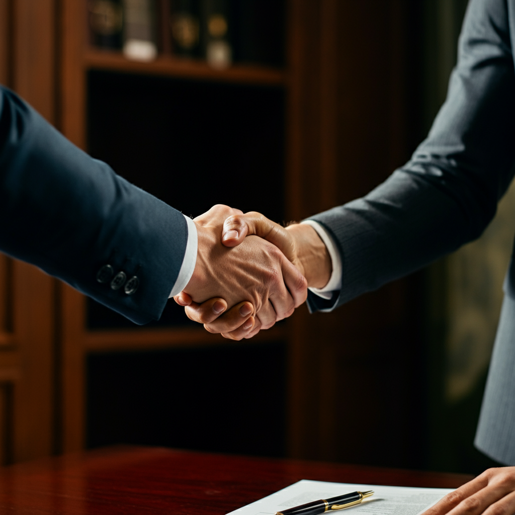 Close-up on two hands shaking firmly over a mahogany desk in a well-appointed office. The light catches the texture of the wood and the tailored sleeves of the professionals, emphasizing the formal nature of the interaction.