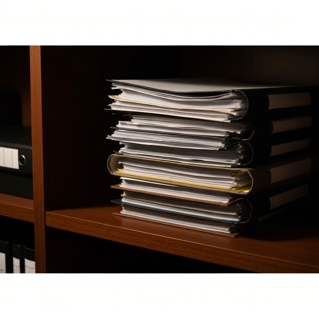 A stack of neatly organized files on a polished wooden shelf in a dimly lit office. The soft shadows add depth and texture, suggesting meticulous record-keeping and discretion.