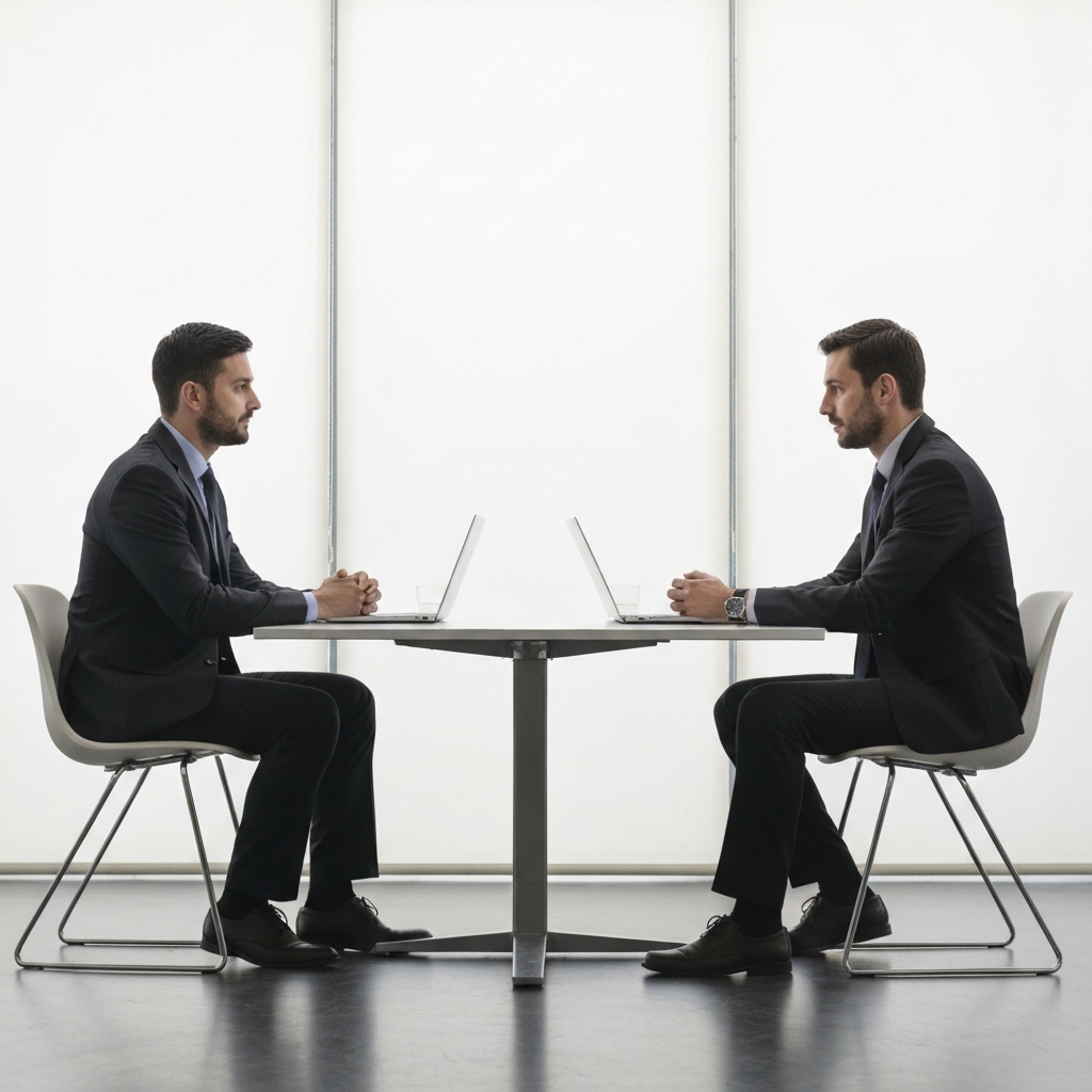 Two professionals seated across from each other at a small table in a brightly lit office. They are engaged in a serious but calm discussion. The lighting is diffused and even, highlighting their facial expressions and body language.