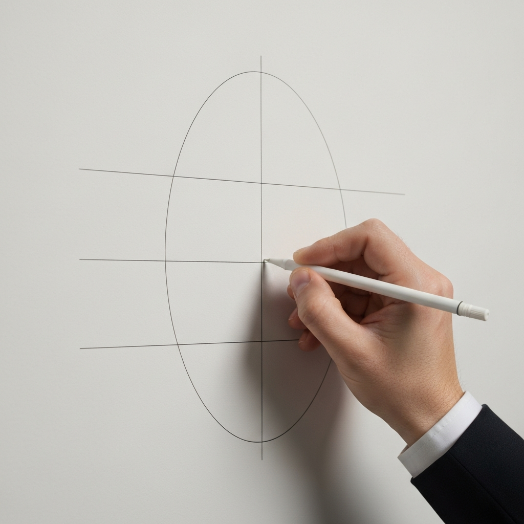 Close-up of a hand drawing a vertical line bisecting an oval. Two additional horizontal lines are added to create proportional guide marks. The lines are light and easily erasable.