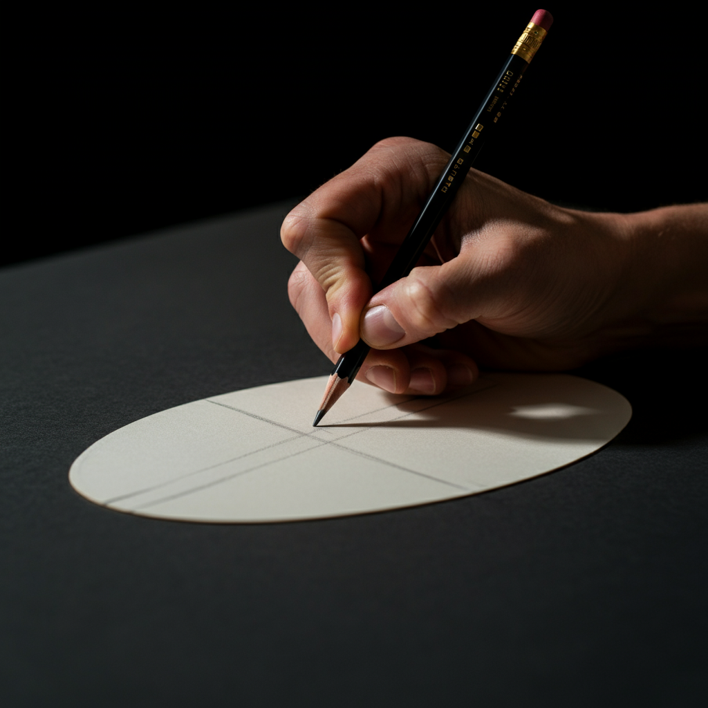 An artist's hand carefully sketching a curved hairline above an oval marked with guidelines. The pencil is held at a slight angle to create a soft, flowing line.